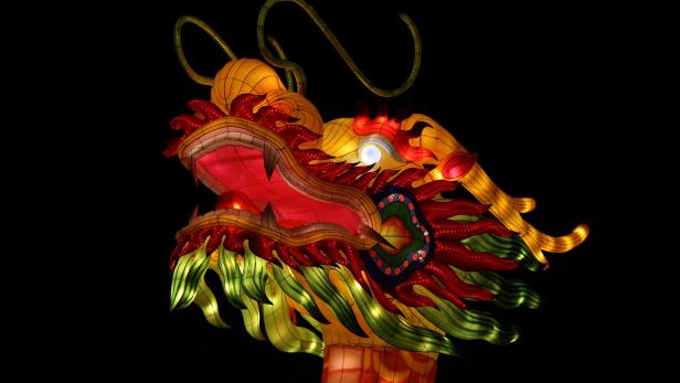 Der Kopf eines leuchtenden, farbenfrohen chinesischen Drachen vor schwarzem Hintergrund.