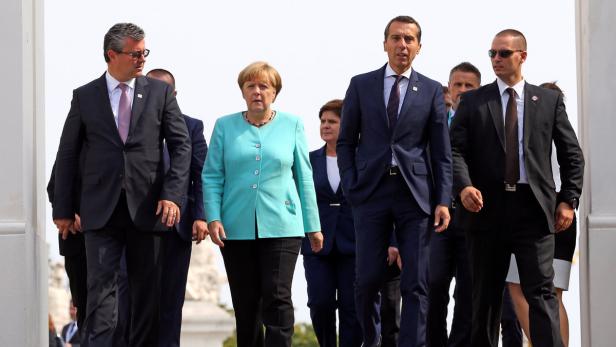 Kroatiens Premier Oreskovic, die deutsche Kanzlerin Merkel und Kanzler Kern.