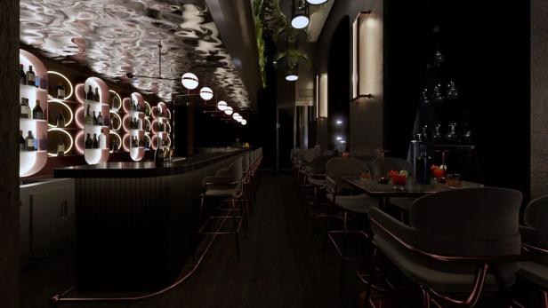 Innenansicht einer Bar mit beleuchteten Regalen und Tischen.