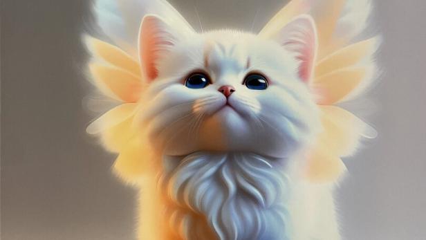 Ein weißes Kätzchen mit Flügeln schaut nach oben.