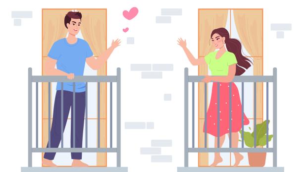 Ein Mann und eine Frau winken sich von ihren Balkonen aus zu.