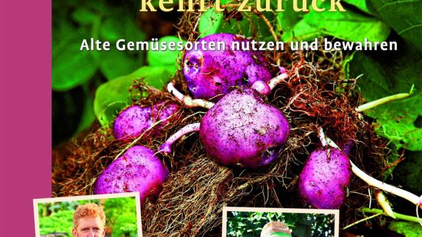 Das Buchcover von „Die Vielfalt kehrt zurück“ mit lila Kartoffeln und Porträts von Gärtnern.