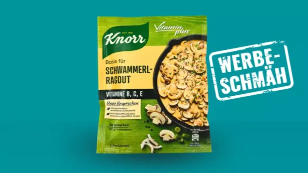 Eine Packung Knorr „Basis für Schwammerl-Ragout“ mit Pilzgericht auf der Vorderseite.