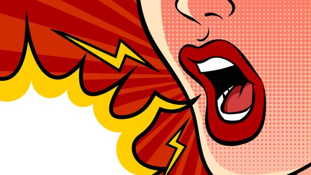 Angry shouting female mouth and empty speech bubble. Pop art vector illustration.