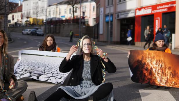 Die Protestaktion im Vorfeld der Feier anlässlich des 60. Geburtstags von Niederösterreichs Landeshauptfrau Johanna Mikl-Leitner (ÖVP)