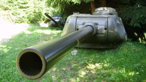 Ein Panzerturm mit langem Geschützrohr steht im Gras.