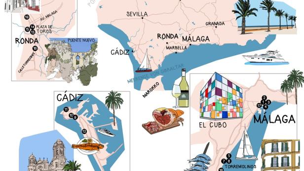 Eine illustrierte Karte von Andalusien mit Sehenswürdigkeiten in Städten wie Ronda, Málaga und Cádiz.