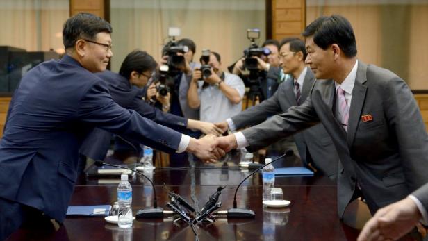 Head of the South Korean working-level delegation Suh Ho (L) shakes hands with his North Korean counterpart Park Chol-su before talks at the Tongilgak on the North Korean side of the truce village of Panmunjom in the demilitarised zone, north of Seoul July 6, 2013. North and South Korean officials met on Saturday to find a way to reopen a jointly run industrial zone, a rare source of steady cash for the impoverished North, a month after their last attempt at dialogue collapsed in acrimony over protocol. REUTERS/Korea Pool/Yonhap (NORTH KOREA - Tags: POLITICS BUSINESS) NO SALES. NO ARCHIVES. FOR EDITORIAL USE ONLY. NOT FOR SALE FOR MARKETING OR ADVERTISING CAMPAIGNS. THIS IMAGE HAS BEEN SUPPLIED BY A THIRD PARTY. IT IS DISTRIBUTED, EXACTLY AS RECEIVED BY REUTERS, AS A SERVICE TO CLIENTS. SOUTH KOREA OUT. NO COMMERCIAL OR EDITORIAL SALES IN SOUTH KOREA