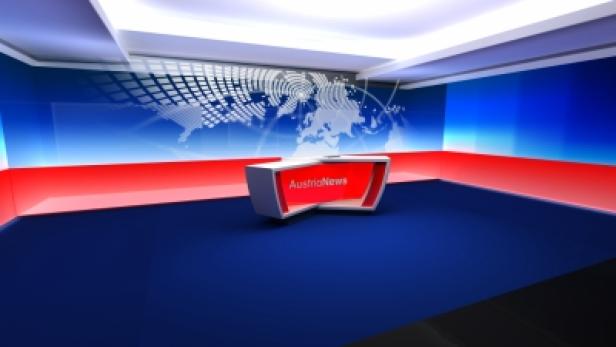 Ein virtuelles Nachrichtenstudio mit einem Schreibtisch mit der Aufschrift „AustriaNews“.