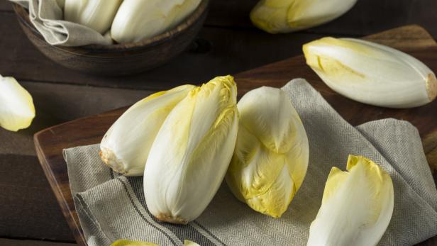 Einige Chicorée-Köpfe liegen auf einem Küchentuch und einem Holzbrett.