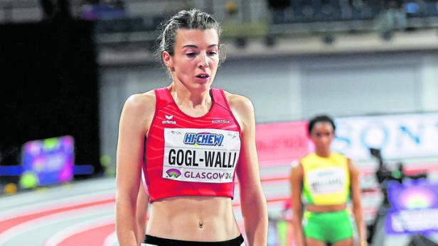 Gogl-Walli beim Start zum Halbfinal-Lauf über die 400 Meter in Glasgow