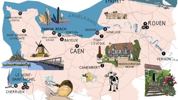 Eine illustrierte Karte der Normandie mit verschiedenen Sehenswürdigkeiten.