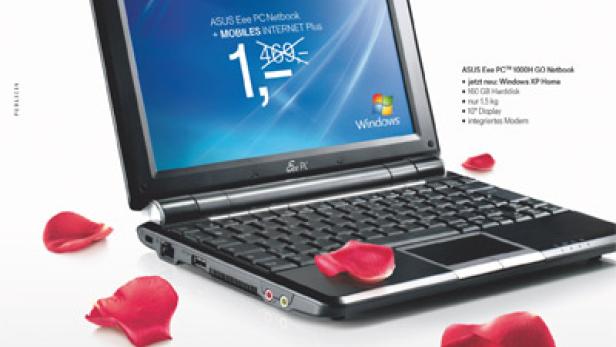 Ein ASUS Eee PC Netbook mit Windows XP Home und roten Blütenblättern.