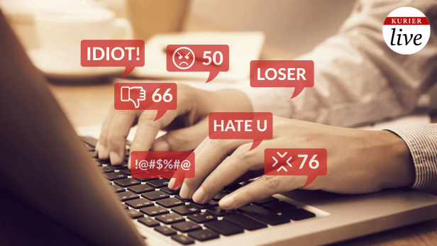 Eine Person schreibt am Keyboard eines Laptops, darüber sind Sprechblasen mit Beleidigungen zu sehen, wie etwa Idiot, Loser etc.