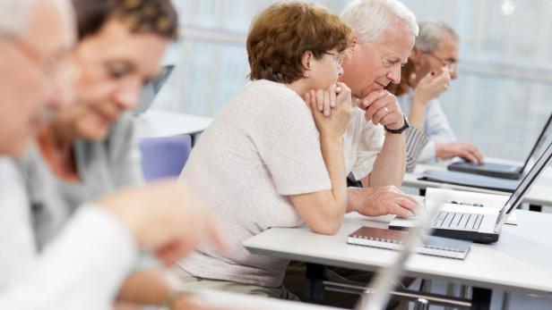 Senioren sitzen an Laptops in einem Kurs