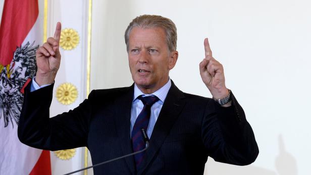 Ein Mann im Anzug gestikuliert vor einer österreichischen Flagge.