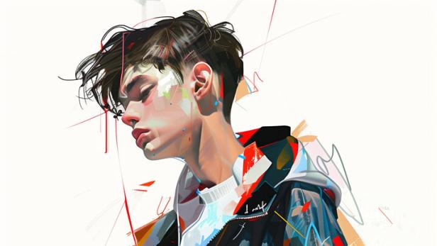 Ein junger Mann mit einer bunten Jacke posiert vor einem weißen Hintergrund.