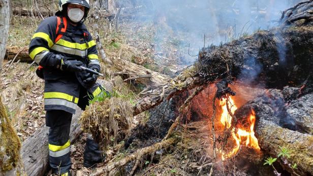 Lassinger Feuerwehrmann bei schwieriger Waldbrandbekämpfung bei Wildalpen