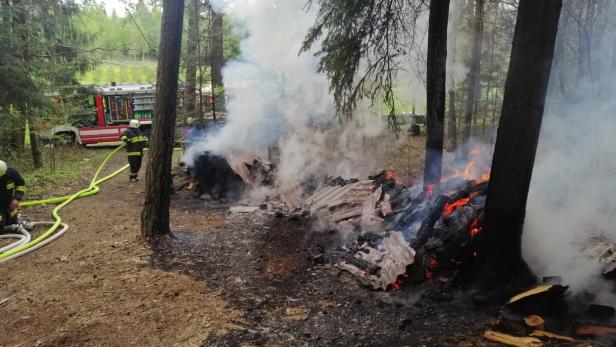 Aufgeschlichtetes Holz stand im Wald in Flammen