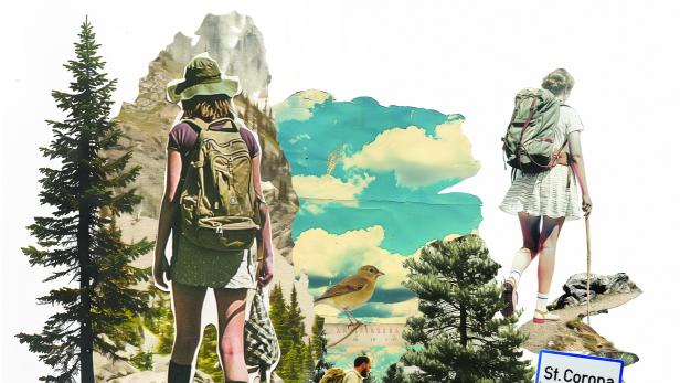 Eine Collage zeigt Wanderer in einer Waldlandschaft mit dem Schild „St. Corona am Schöpfl“.