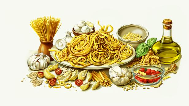 Ein Teller mit Pasta, umgeben von Zutaten wie Knoblauch, Tomaten und Olivenöl.