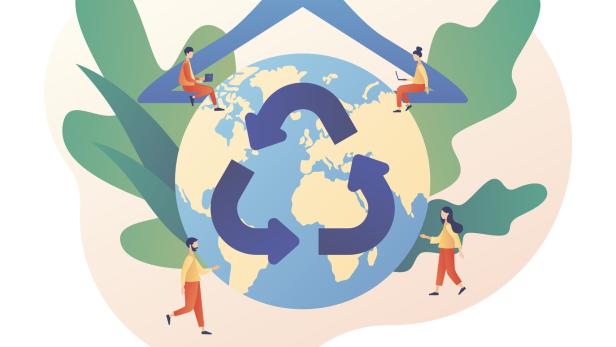 Eine Weltkugel mit einem Kleiderbügel und einem Recycling-Symbol, umgeben von Menschen.