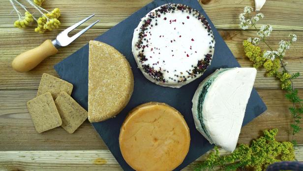 Mehrere vegane Käsesorten liegen auf einem Teller.