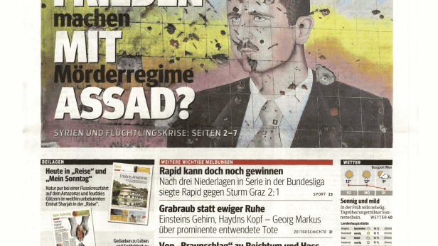 Titelseite des „Kurier am Sonntag“ vom 1. November 2015 mit Artikeln zu Syrien und dem neuen James Bond Film.