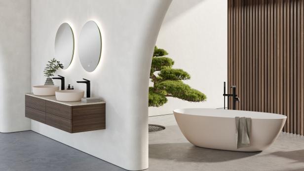 Die Kollektion „Antao“ aus heimischen Massivhölzern von Villeroy & Boch vereint natürliche Formen und Farben. Gesehen bei Das Bad, das-bad.at