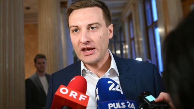 Ein Mann spricht in Mikrofone von ORF und Puls 24.