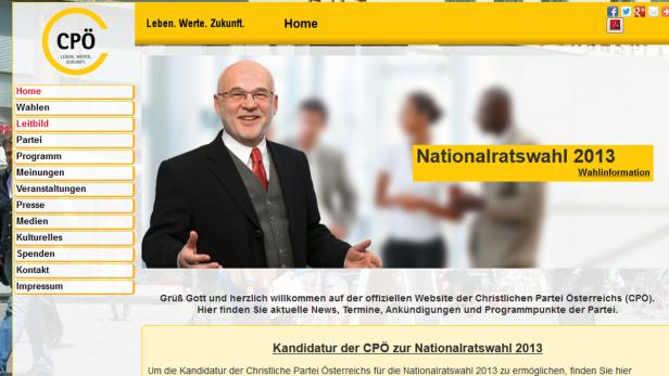 Ein Mann im Anzug lächelt auf der Webseite der Christlichen Partei Österreichs (CPÖ) zur Nationalratswahl 2013.