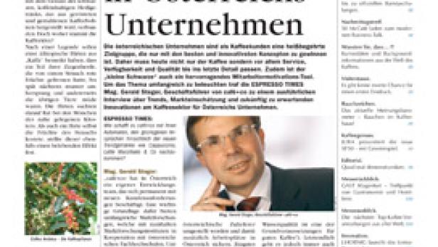Titelseite der „Espresso Times“ zum Thema Kaffeekultur in Österreichs Unternehmen.