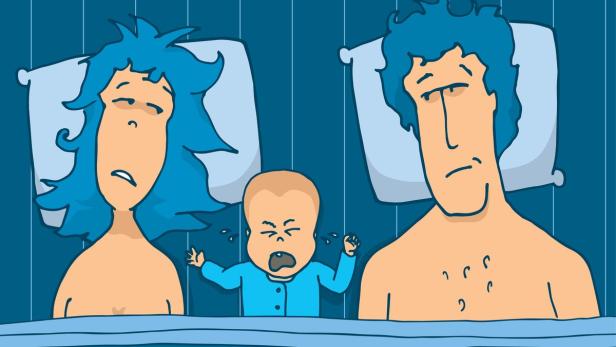 Cartoon illustration of a couple in bed with their… Viele Schlafunterbrechungen schlechter als kurze Nacht