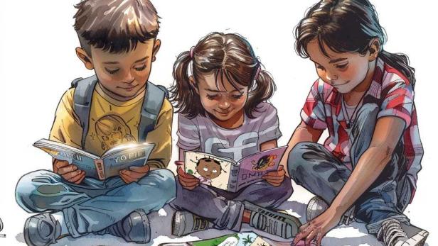 Drei Kinder sitzen am Boden und blättern interessiert durch Comic-Bücher