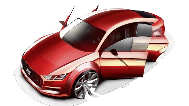 Eine rote Audi-Designstudie mit geöffneten Türen.