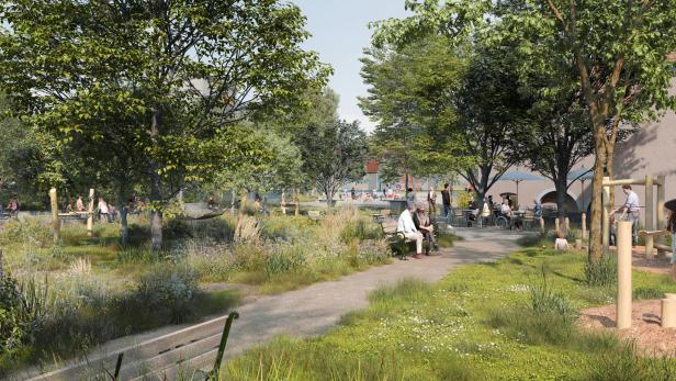 Eine Vision der Grünen für den Park mit Schanigarten