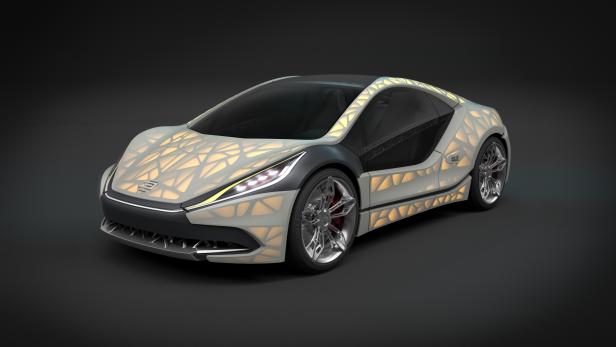 Ein futuristisches, weißes Auto mit geometrischen Mustern auf dunklem Hintergrund.