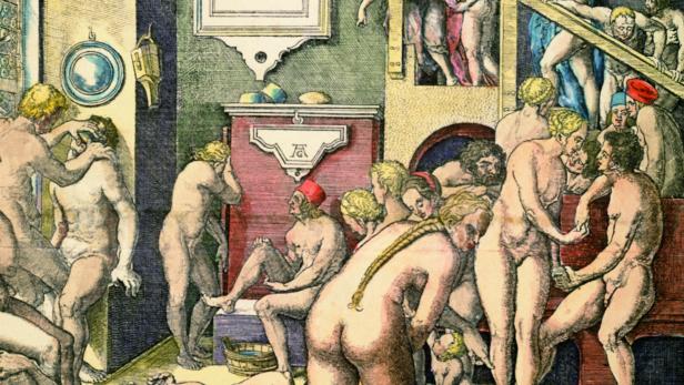 Eine Szene eines öffentlichen Badehauses mit vielen nackten Menschen.