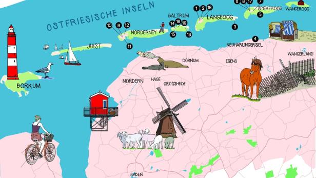 Eine illustrierte Karte der Ostfriesischen Inseln mit Sehenswürdigkeiten und Tieren.