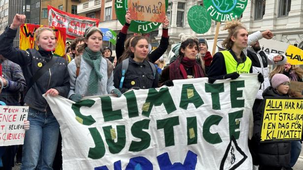 Young people attend the Fridays for Future climate strike in Stockholm