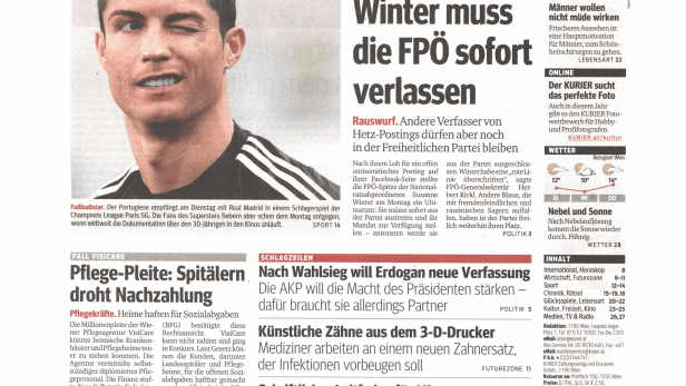 Ein Zeitungsartikel mit einem Bild von Cristiano Ronaldo und Schlagzeilen zu verschiedenen Themen.