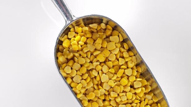 Eine Schaufel voll gelber Linsen auf einem weißen Hintergrund.