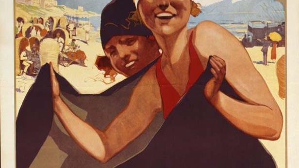 Ein Werbeplakat für Reisen nach Holland zu den Nordseebädern mit zwei lächelnden Personen im Vordergrund.