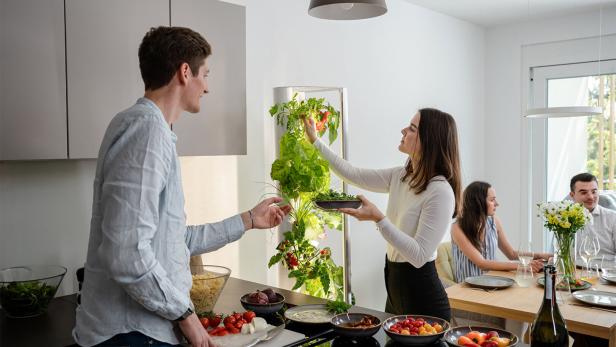 Ein Paar nutzt fürs Kochen seinen Indoor-Garten.