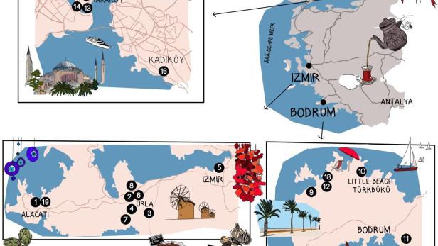 Eine illustrierte Karte der türkischen Küstenstädte Istanbul, Izmir, Bodrum und Alacati.