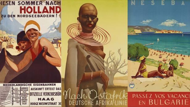 Drei Reiseplakate werben für Holland, Ostafrika und Bulgarien.