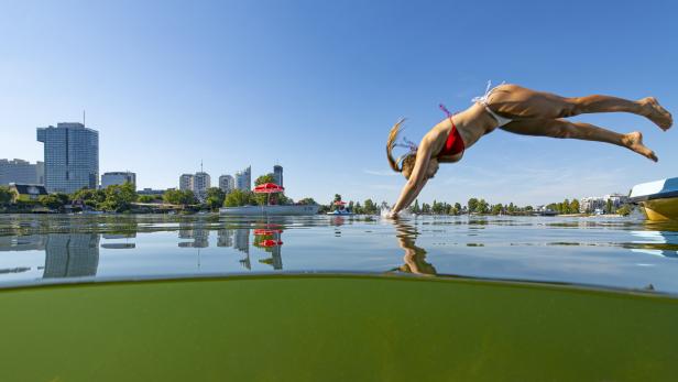 Eine Frau springt in die Alte Donau in Wien.