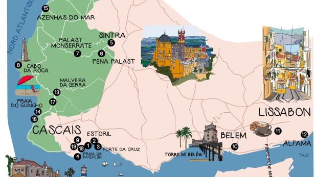 Eine Karte der Region um Cascais, Sintra und Lissabon mit Sehenswürdigkeiten.