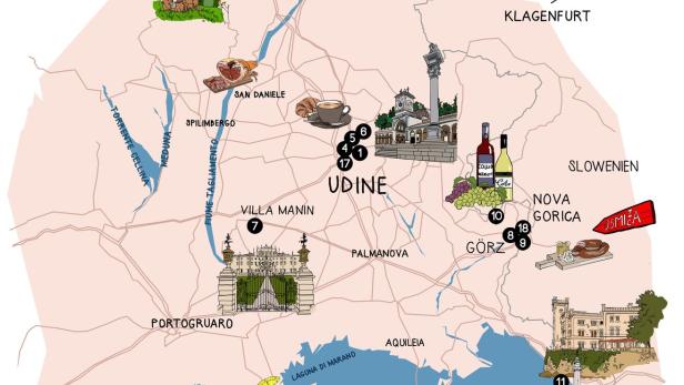 Eine illustrierte Karte der Region Friaul-Julisch Venetien mit Sehenswürdigkeiten und kulinarischen Spezialitäten.