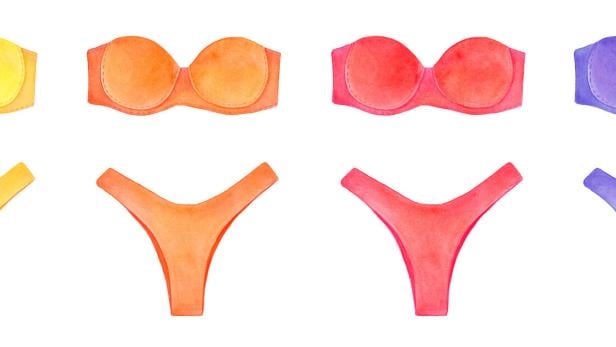 Illustration von vier farbigen trägerlosen BHs und passenden Slips.